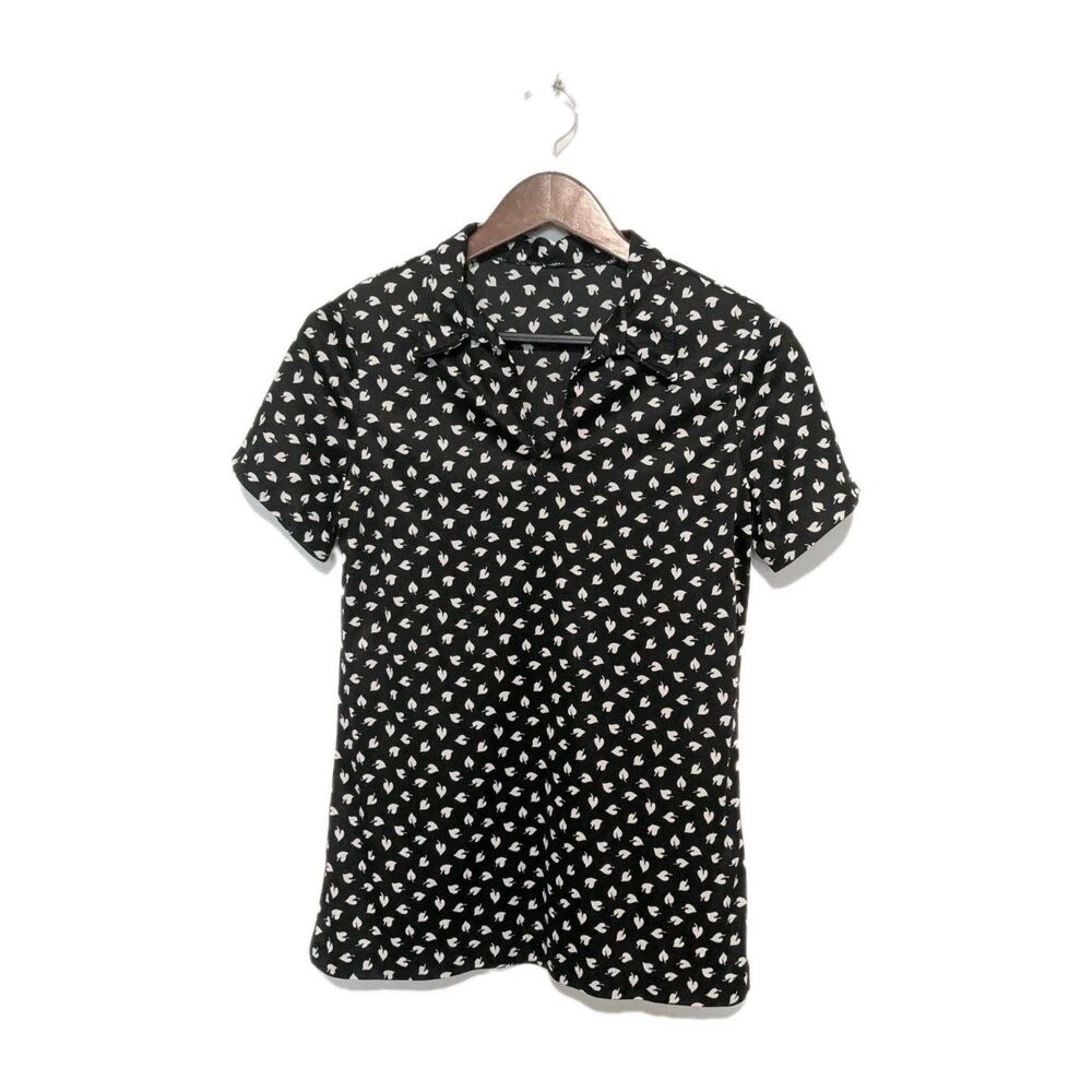 Vintage 80's Black White Collared Poly Knit Blouse Top S Novelty Leaf Print